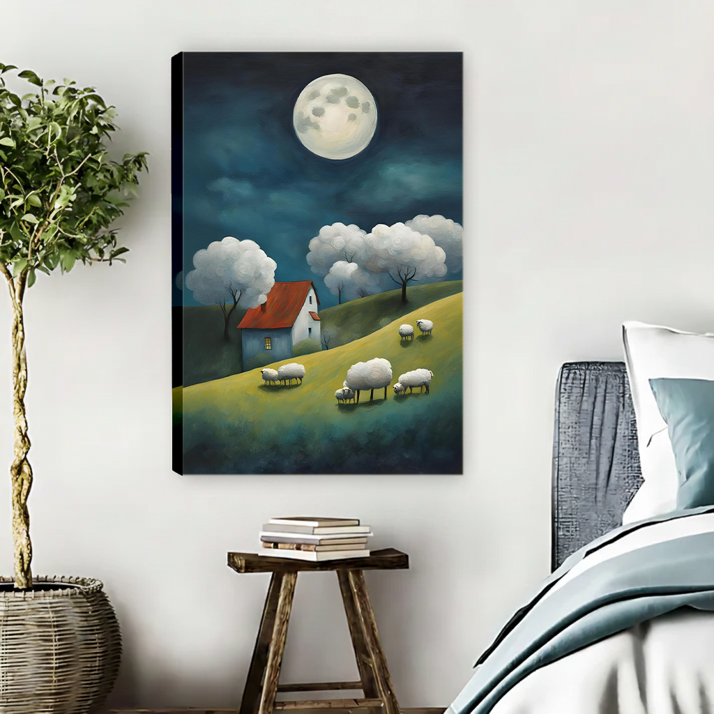 Unframed moonlit sheep pastoral whimsical canvas art print with full moon and red roof cottage hanging in modern bedroom