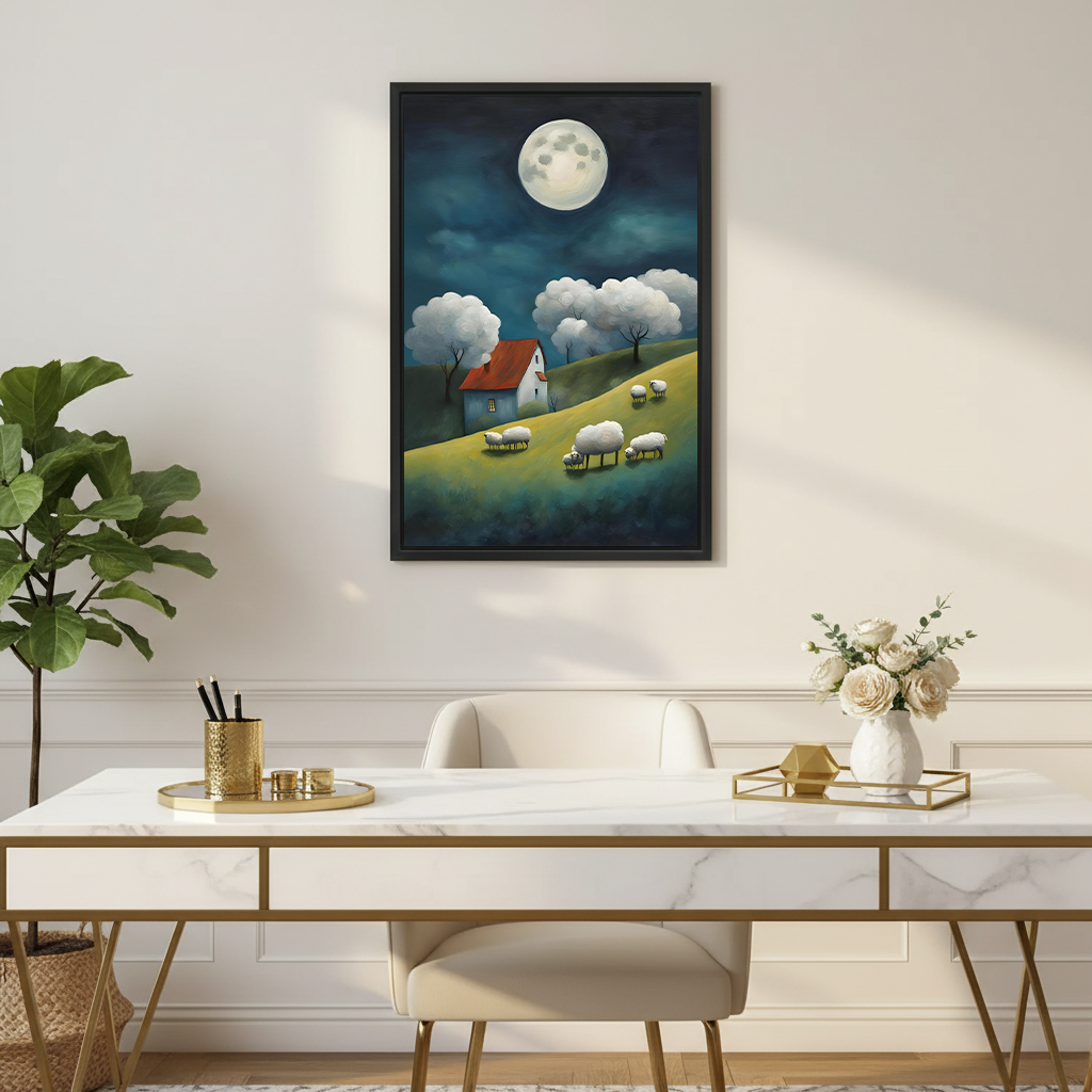 Moonlit sheep pastoral framed canvas wall art displayed above marble gold desk in elegant home office with white roses