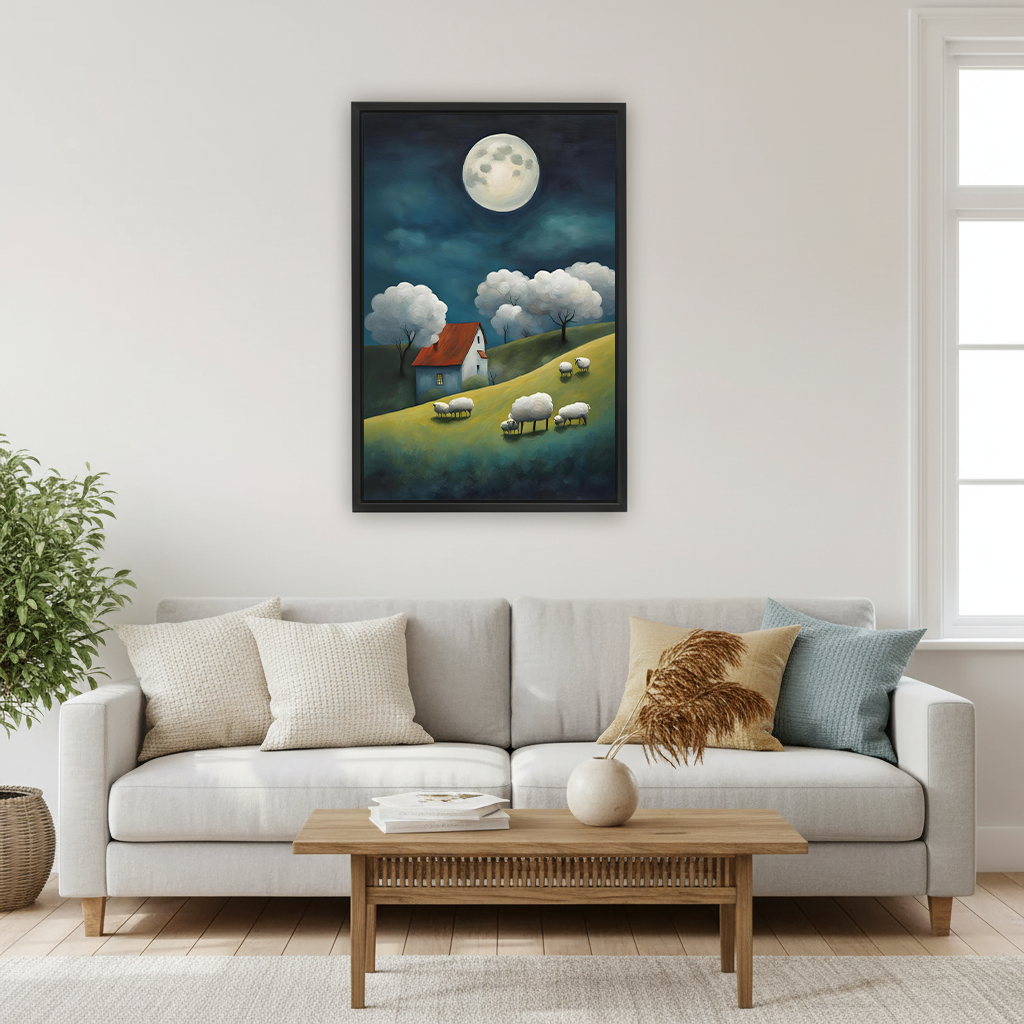Whimsical moonlit sheep pastoral framed canvas print hanging above neutral linen sofa in bright Scandinavian living room