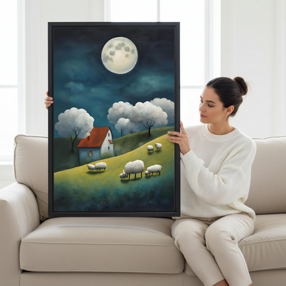Woman holding large framed moonlit sheep pastoral whimsical canvas print showing size scale on white sofa