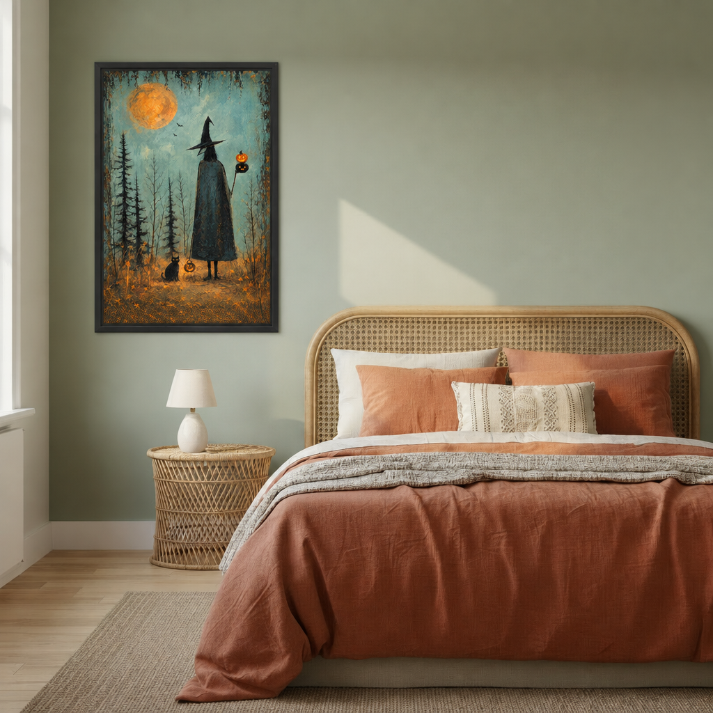 Moonlit witch and black cat canvas wall art hanging beside a bed with rust-colored bedding.