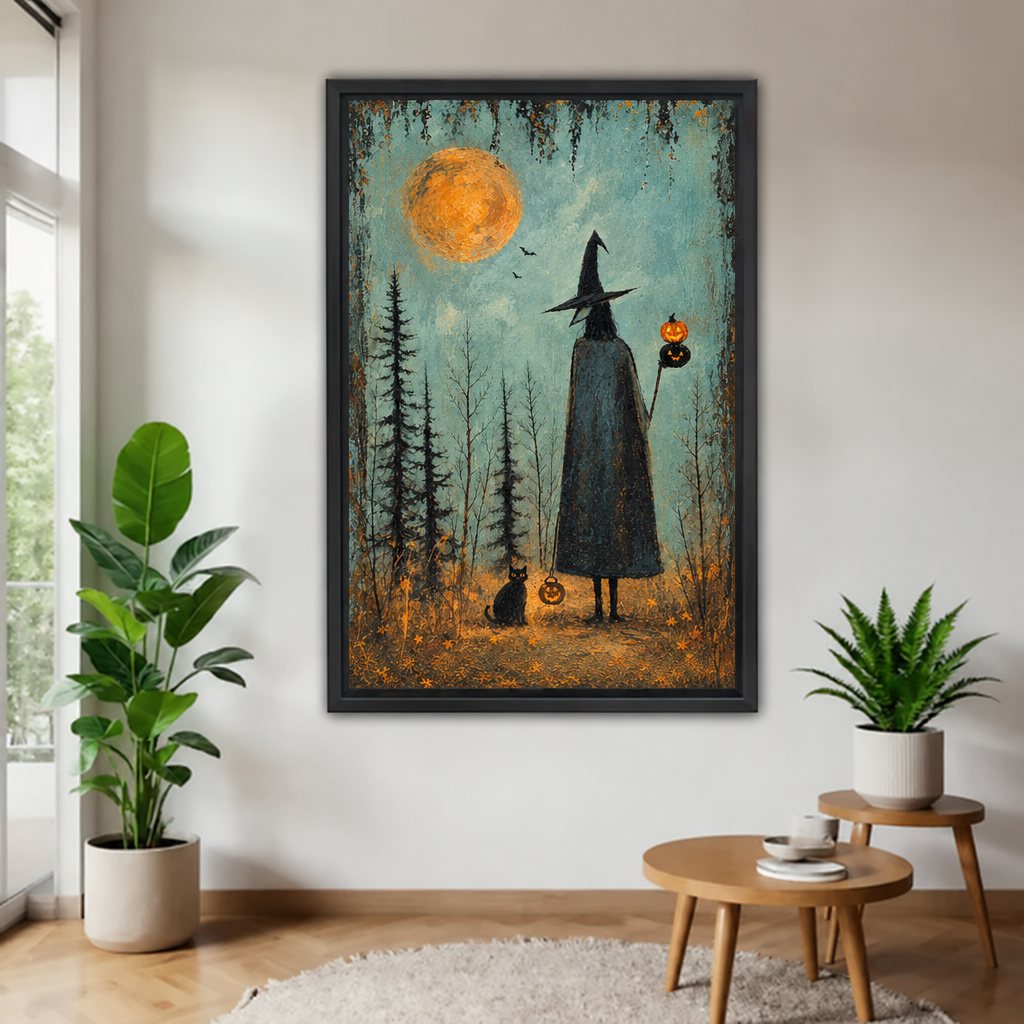 Black-framed moonlit witch and black cat canvas wall art with an orange moon and pumpkin lanterns.