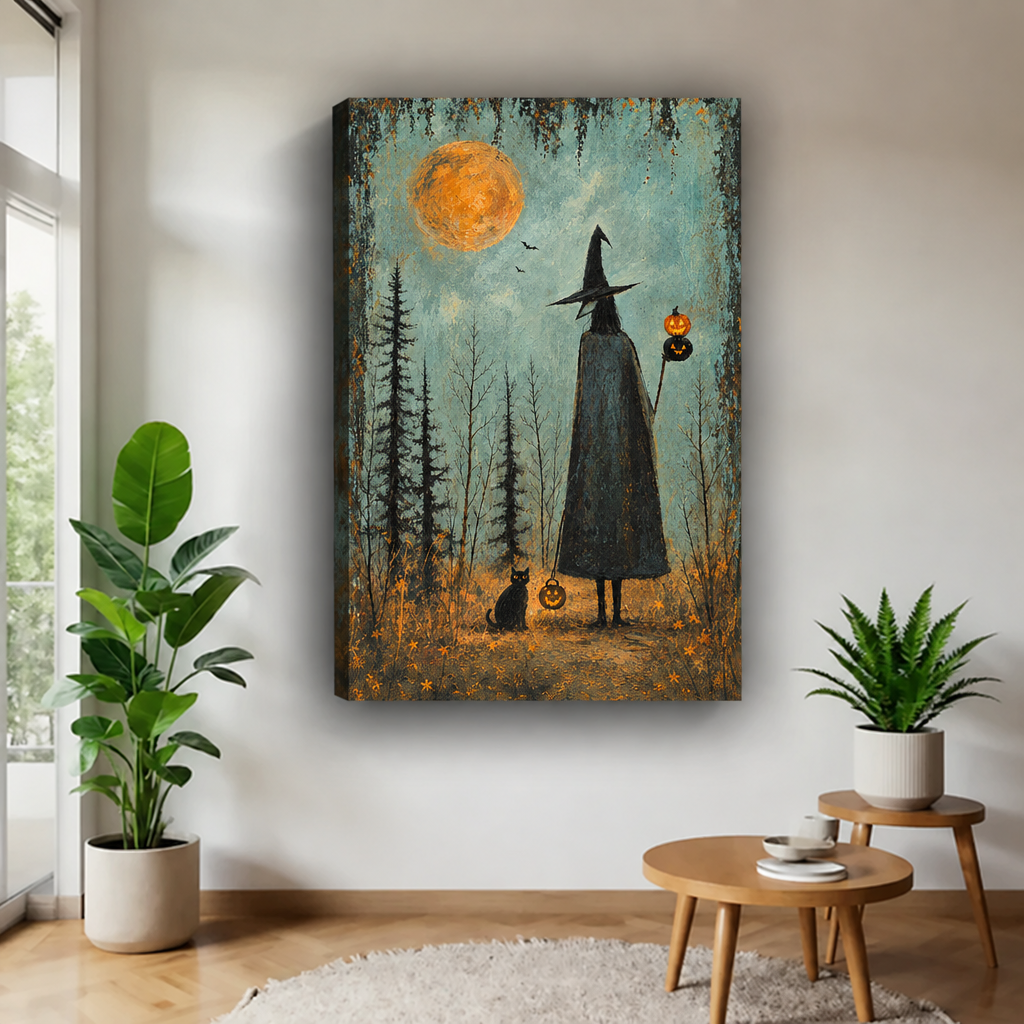 Gallery-wrap moonlit witch and black cat canvas wall art showing the forest scene without a frame.