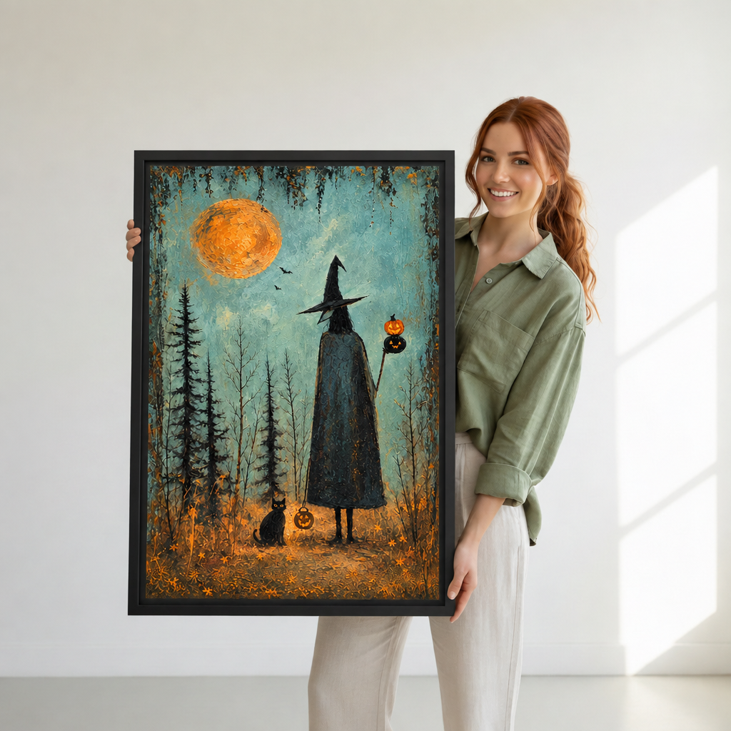 Woman holding framed moonlit witch and black cat canvas wall art to show its vertical scale.