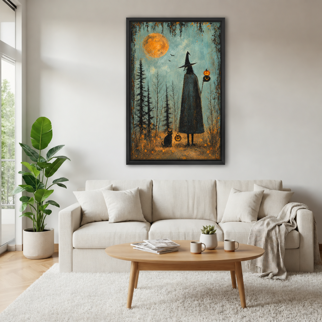 Framed moonlit witch and black cat canvas wall art displayed above a white living room sofa.