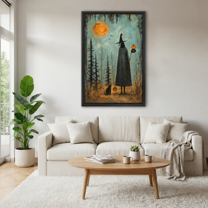 Framed moonlit witch and black cat canvas wall art displayed above a white living room sofa.