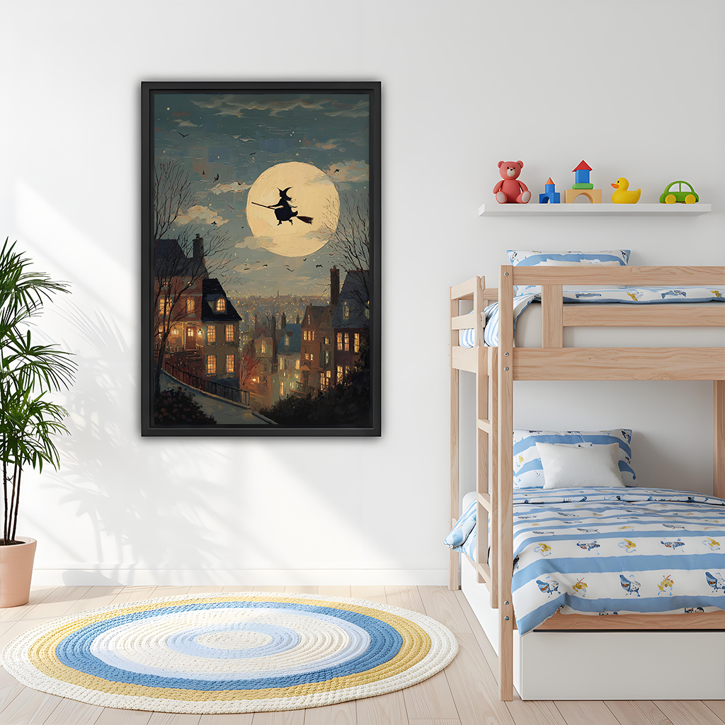 Black-framed moonlit witch canvas wall art with a vintage village scene displayed beside wooden bunk beds.