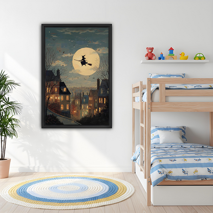 Black-framed moonlit witch canvas wall art with a vintage village scene displayed beside wooden bunk beds.