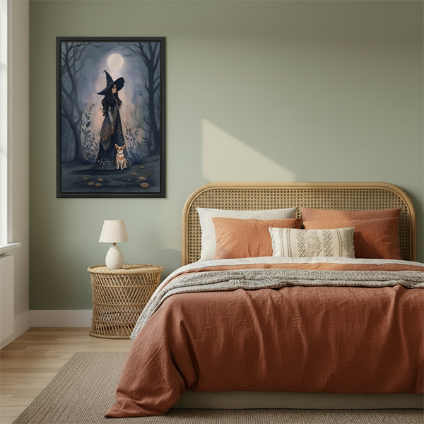 Framed moonlit witch in forest canvas wall art hanging beside a bed with woven headboard.