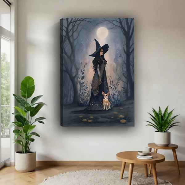 Framed moonlit witch in forest canvas wall art with bare trees displayed between indoor plants.