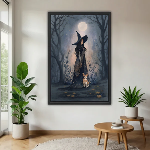 Unframed moonlit witch in forest canvas wall art displayed between potted plants.