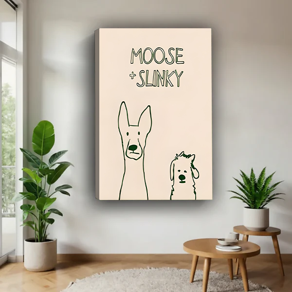 Moose and Slinky dog canvas wall art in a black frame above a bedside table in a bedroom.