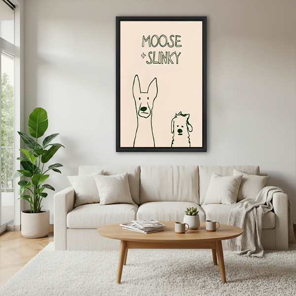 Gallery-wrap Moose and Slinky dog canvas wall art with cream background displayed in a bright living room.