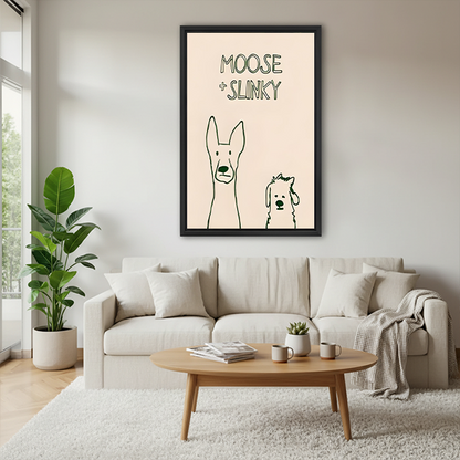 Gallery-wrap Moose and Slinky dog canvas wall art with cream background displayed in a bright living room.
