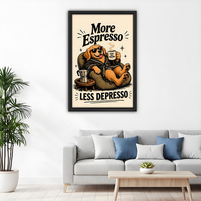Framed more espresso dog canvas wall art above dining chairs features a smiling pup holding steaming coffee.