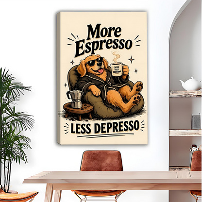 Woman holds framed more espresso dog canvas wall art featuring a lounging pup and bold coffee slogan.