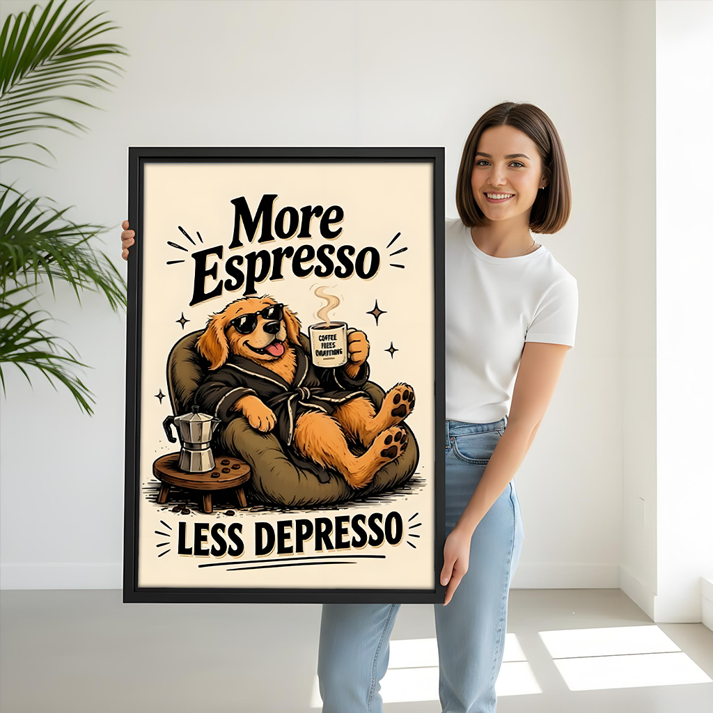 Framed more espresso dog canvas wall art hangs by bunk beds, showing a coffee-loving pup in sunglasses.