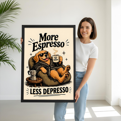 Framed more espresso dog canvas wall art hangs by bunk beds, showing a coffee-loving pup in sunglasses.