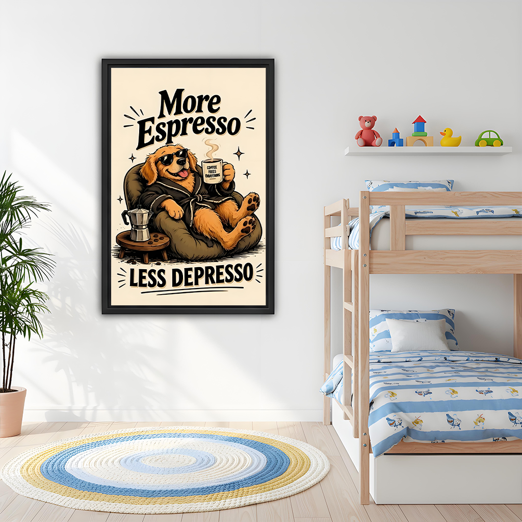 Framed more espresso dog canvas wall art hangs above a sofa, with a lounging pup and playful lettering.