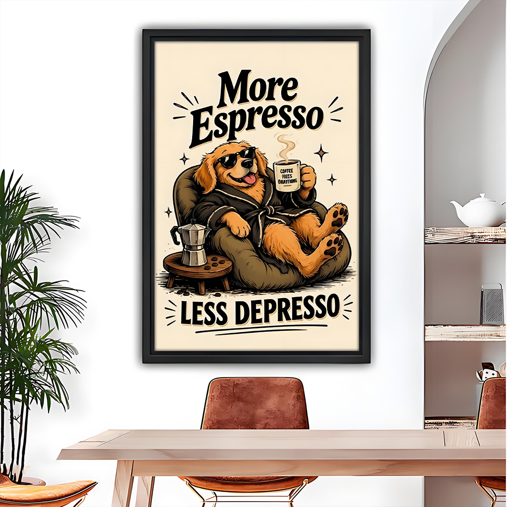 Gallery-wrap more espresso dog canvas wall art with a sunglasses-wearing pup and coffee mug above a dining table.