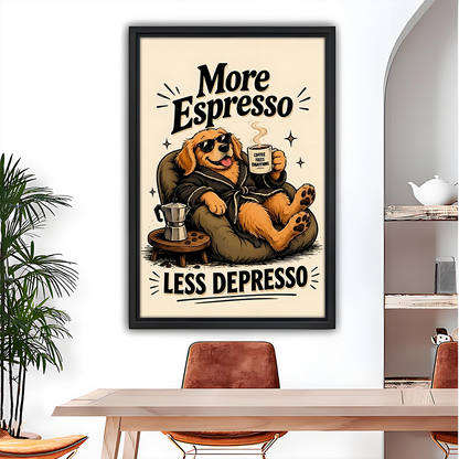Gallery-wrap more espresso dog canvas wall art with a sunglasses-wearing pup and coffee mug above a dining table.