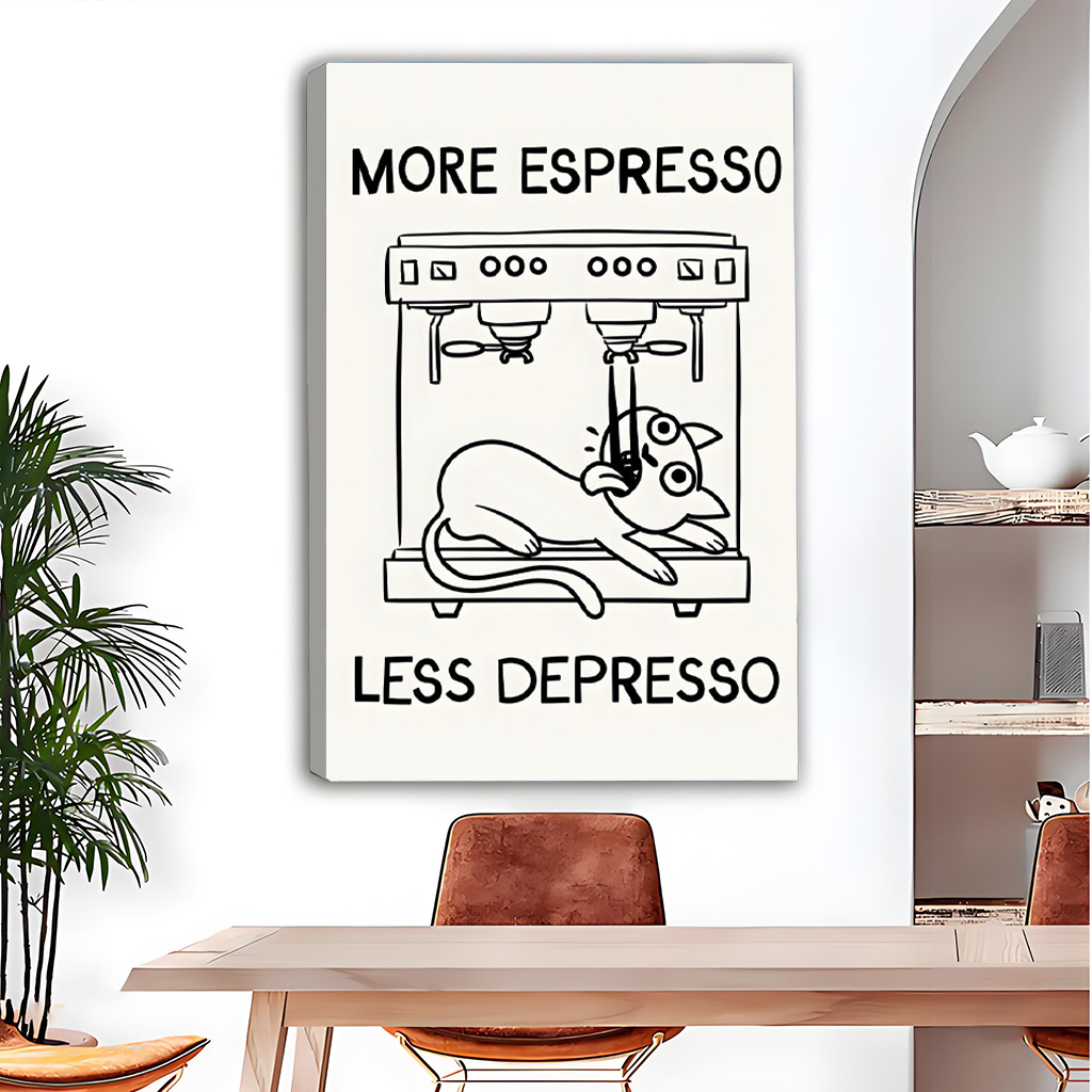 Black framed espresso cat canvas wall art on a white dining room wall beside a tall green palm plant