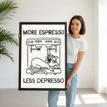 Woman holding a large framed More Espresso Less Depresso cat canvas wall art in a sunlit white room