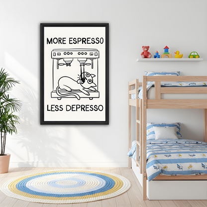 Framed espresso cat line art canvas in a children's bedroom with wooden bunk bed and round woven rug