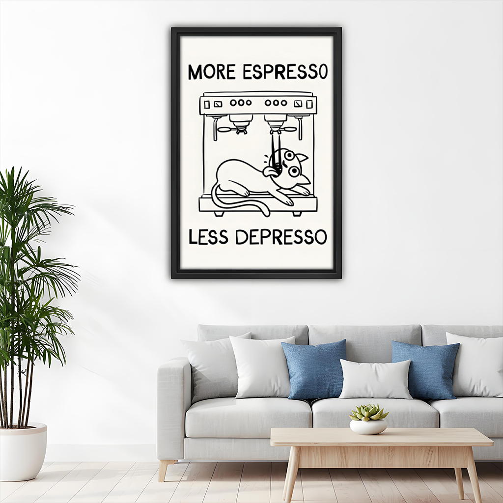 More Espresso Less Depresso cat canvas wall art framed in black above a grey sofa with blue cushions