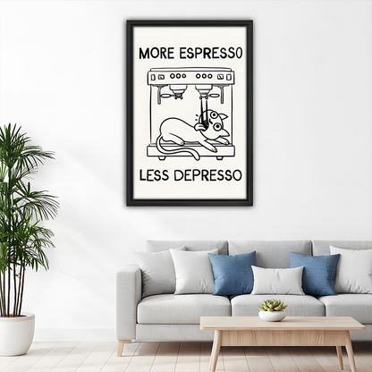 More Espresso Less Depresso cat canvas wall art framed in black above a grey sofa with blue cushions