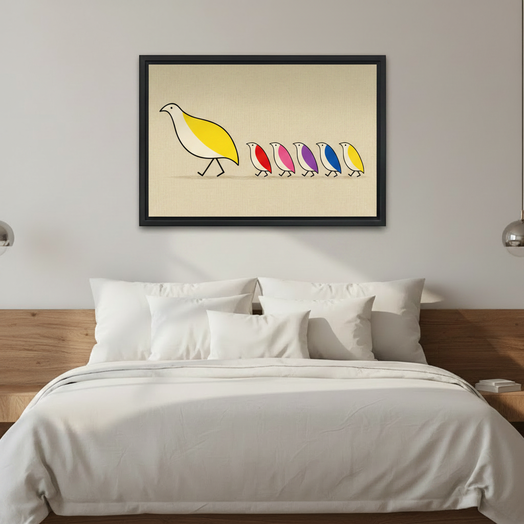 Mother bird and colorful birds line art black framed canvas print on sage green bedroom wall above rattan bed with cushions