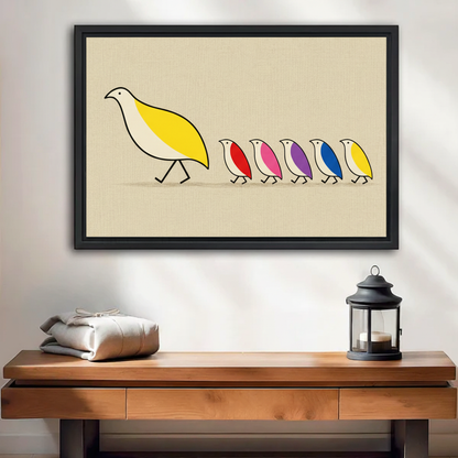 Mother bird and colorful birds line art framed canvas wall art in black frame above dark wooden console table with lantern