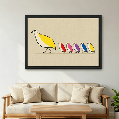 Mother bird and colorful birds line art framed canvas wall art displayed above beige sofa in cozy Scandinavian living room
