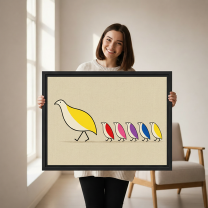 Smiling woman holding large black framed mother bird and colorful birds line art canvas wall art in bright white studio
