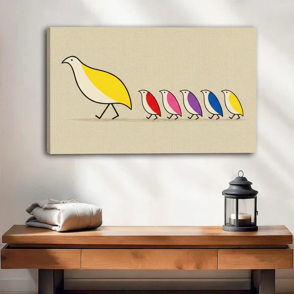 Colorful birds following mother bird line art gallery wrap canvas with visible side depth mounted on white wall beside plants