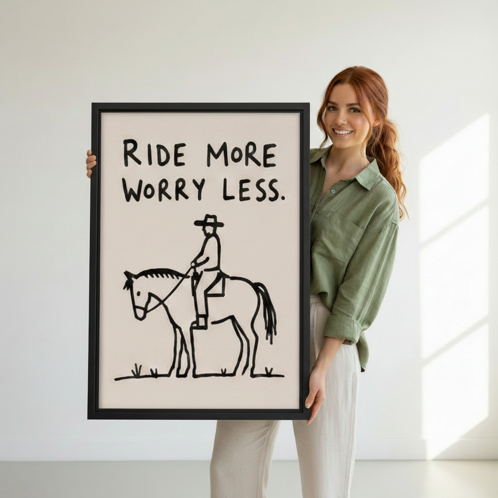 Motivational cowboy canvas wall art held by a woman, showing the framed print's scale and bold quote.