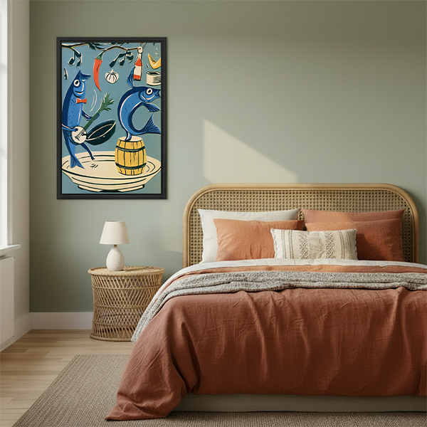 Framed musical fish canvas wall art with a muted teal background displayed between leafy plants beside wooden tables.