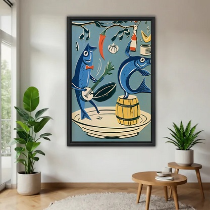 Black-framed musical fish canvas wall art with blue fish and a golden barrel beside rust-colored bedding.