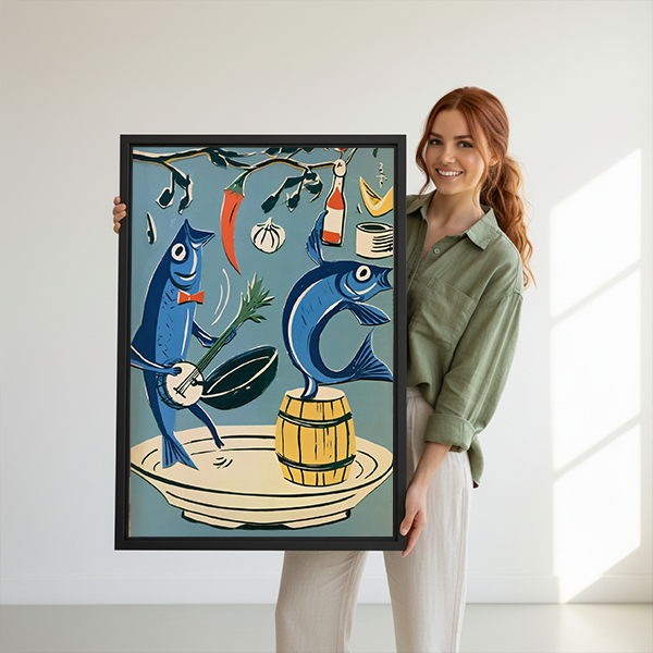 Whimsical musical fish canvas wall art in a black frame above a light sofa and wooden coffee table.