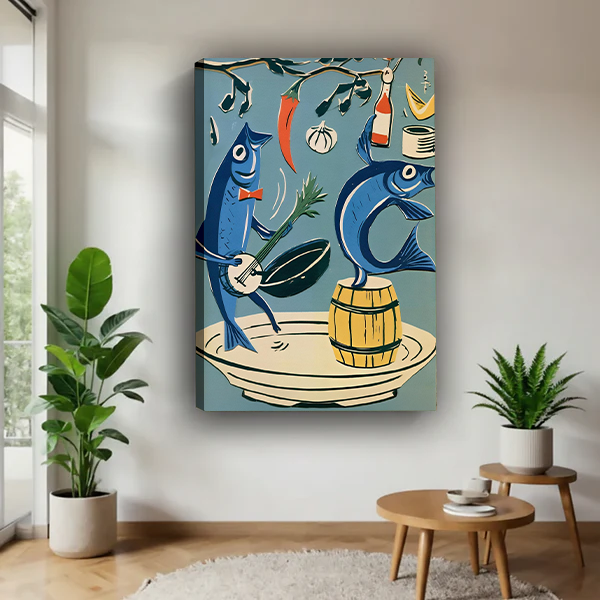 Unframed musical fish canvas wall art featuring two blue fish on a cream platter between indoor plants.