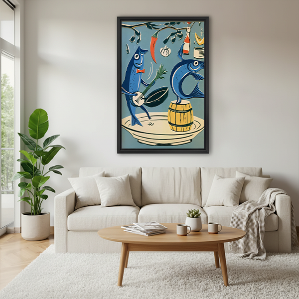 Woman holding black-framed musical fish canvas wall art featuring blue fish, musical notes, and colorful kitchen details.