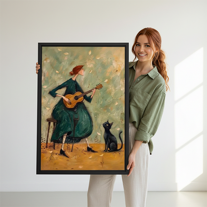 Musical woman and black cat canvas wall art in a black frame above a cream living room sofa.