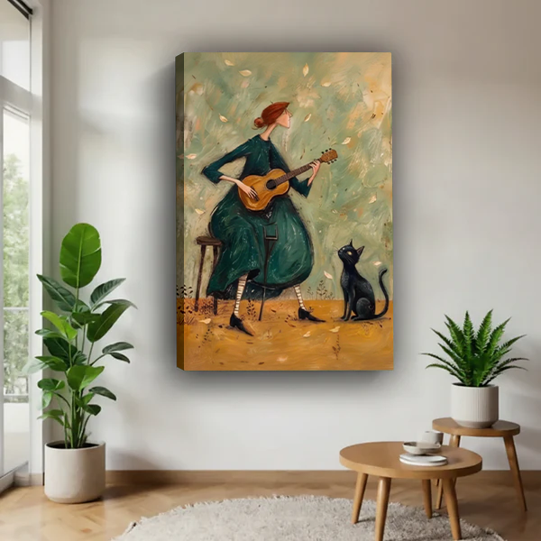 Framed musical woman and black cat canvas wall art with sage tones displayed between plants in a bright room.