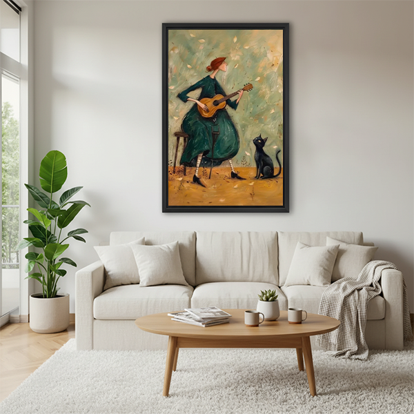 Gallery-wrap musical woman and black cat canvas wall art showing a green-dressed musician, displayed beside indoor plants.