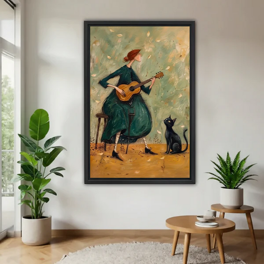 Woman holding framed musical woman and black cat canvas wall art featuring a green dress and warm ochre ground.