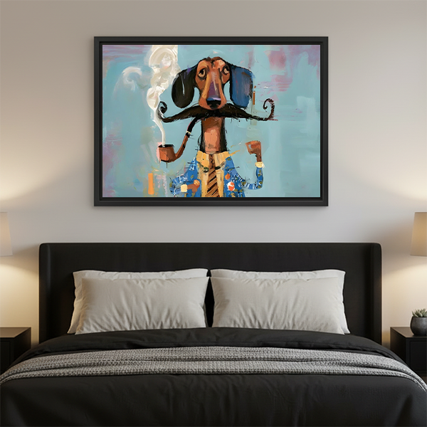 Gallery-wrap mustached dachshund canvas wall art above a wooden console, depicting a dapper dog against a turquoise background.
