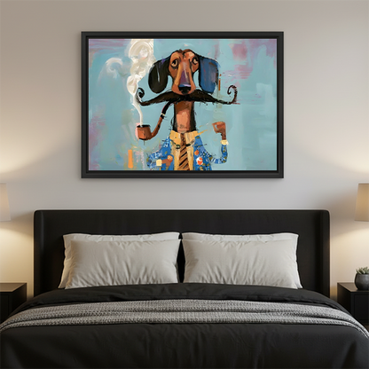 Gallery-wrap mustached dachshund canvas wall art above a wooden console, depicting a dapper dog against a turquoise background.