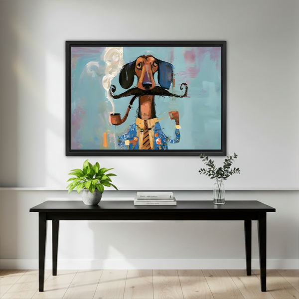 Black-framed mustached dachshund canvas wall art above a black console table with plants and stacked books.