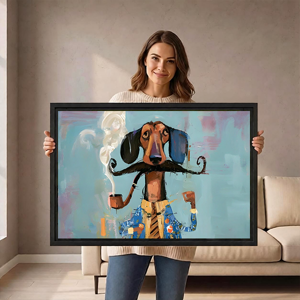 Woman holding black-framed mustached dachshund canvas wall art showing a dog with a curled mustache, tie, and pipe.