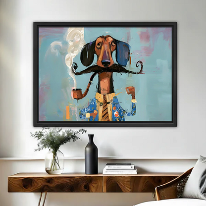Black-framed mustached dachshund canvas wall art above a wooden console, featuring a blue jacket and turquoise background.